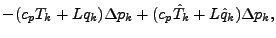 $\displaystyle - (c_p T_{k} + L q_{k}) \Delta p_{k}
+ (c_p \hat{T}_{k} + L \hat{q}_{k}) \Delta p_{k},$