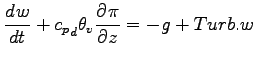 $\displaystyle \DD{w}{t} + {{c_{p}}_{d}} \theta_{v} \DP{\pi}{z} = -g + Turb.w$