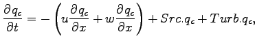 $\displaystyle \DP{q_{c}}{t}
=
- \left(
u\DP{q_{c}}{x}
+ w\DP{q_{c}}{x}
\right)
+ Src.q_{c} + Turb.q_{c},$