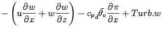 $\displaystyle - \left(
u \DP{w}{x}
+ w \DP{w}{z}
\right)
- {c_{p}}_{d} \bar{\theta_{v}} \DP{\pi}{x}
+ Turb.w$