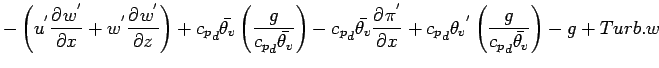 $\displaystyle - \left(
u^{'} \DP{w^{'}}{x}
+ w^{'} \DP{w^{'}}{z}
\right)
+ {c_{...
...eta_{v}}^{'}
\left( \frac{g}{{c_{p}}_{d} \bar{\theta_{v}}} \right)
- g + Turb.w$