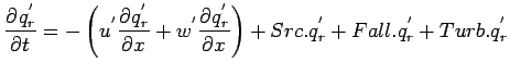 $\displaystyle \DP{q_{r}^{'}}{t}
= - \left(
u^{'}\DP{q_{r}^{'}}{x}
+ w^{'}\DP{q_{r}^{'}}{x}
\right)
+ Src.q_{r}^{'} + Fall.q_{r}^{'} + Turb.q_{r}^{'}$