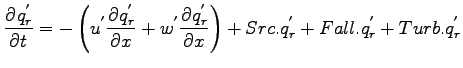 $\displaystyle \DP{q_{r}^{'}}{t}
= - \left(
u^{'}\DP{q_{r}^{'}}{x}
+ w^{'}\DP{q_{r}^{'}}{x}
\right)
+ Src.q_{r}^{'} + Fall.q_{r}^{'} + Turb.q_{r}^{'}$