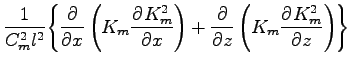 $\displaystyle \frac{1}{C_{m}^{2} l^{2}}
\Biggl\{\DP{}{x}
\left(K_{m} \DP{K_{m}^{2}}{x}\right)
+ \DP{}{z}
\left(K_{m} \DP{K_{m}^{2}}{z}\right)
\Biggr\}$