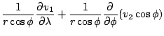 $\displaystyle \frac{1}{r \cos \phi} \DP{v_1}{\lambda}
+ \frac{1}{r \cos \phi} \DP{}{\phi} (v_2 \cos \phi)$