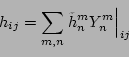 \begin{eqnarray*}
h_{ij} = \sum_{m,n}
\left. \tilde{h}_n^m Y_n^m \right\vert _{ij} \\
\end{eqnarray*}