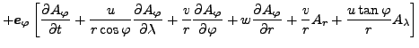 $\displaystyle + \Dvect{e}_{\varphi} \left[
\DP{A_{\varphi}}{t} + \frac{u}{r \co...
..._{\varphi}}{r}
+ \frac{v}{r} A_r + \frac{u \tan \varphi}{r} A_{\lambda} \right]$