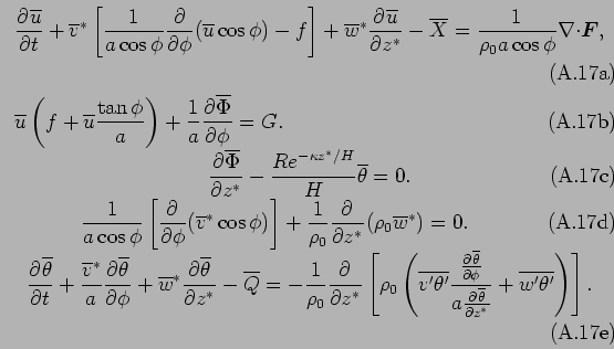 \begin{subequations}\begin{align}&
 \DP{\overline{u}}{t}
 + \overline{v}^*
 \lef...
...}{z^*}} + \overline{w'\theta'}
 \right)
 \right].
 \end{align}\end{subequations}
